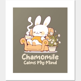 Cute Bunny Enjoying Chamomile Tea Cup. Camomile Tea Lover. US Spelling. Posters and Art